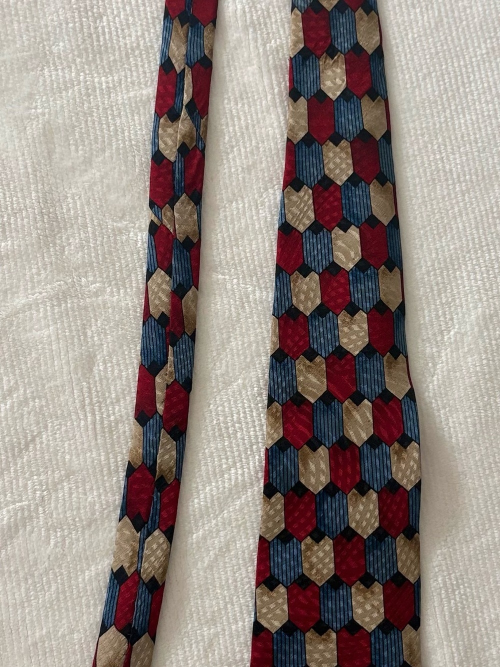 Pierre Balmain Silk Tie in Red, Blue & Gold Honeycomb Pattern